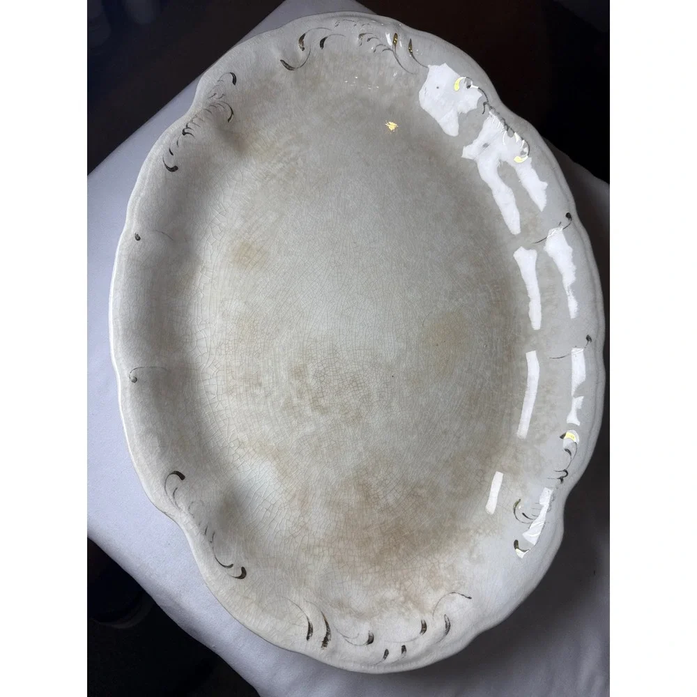 Vintage Sanford Porcelain Oval Serving Platter Scalloped Gold Gilt 16 Inch